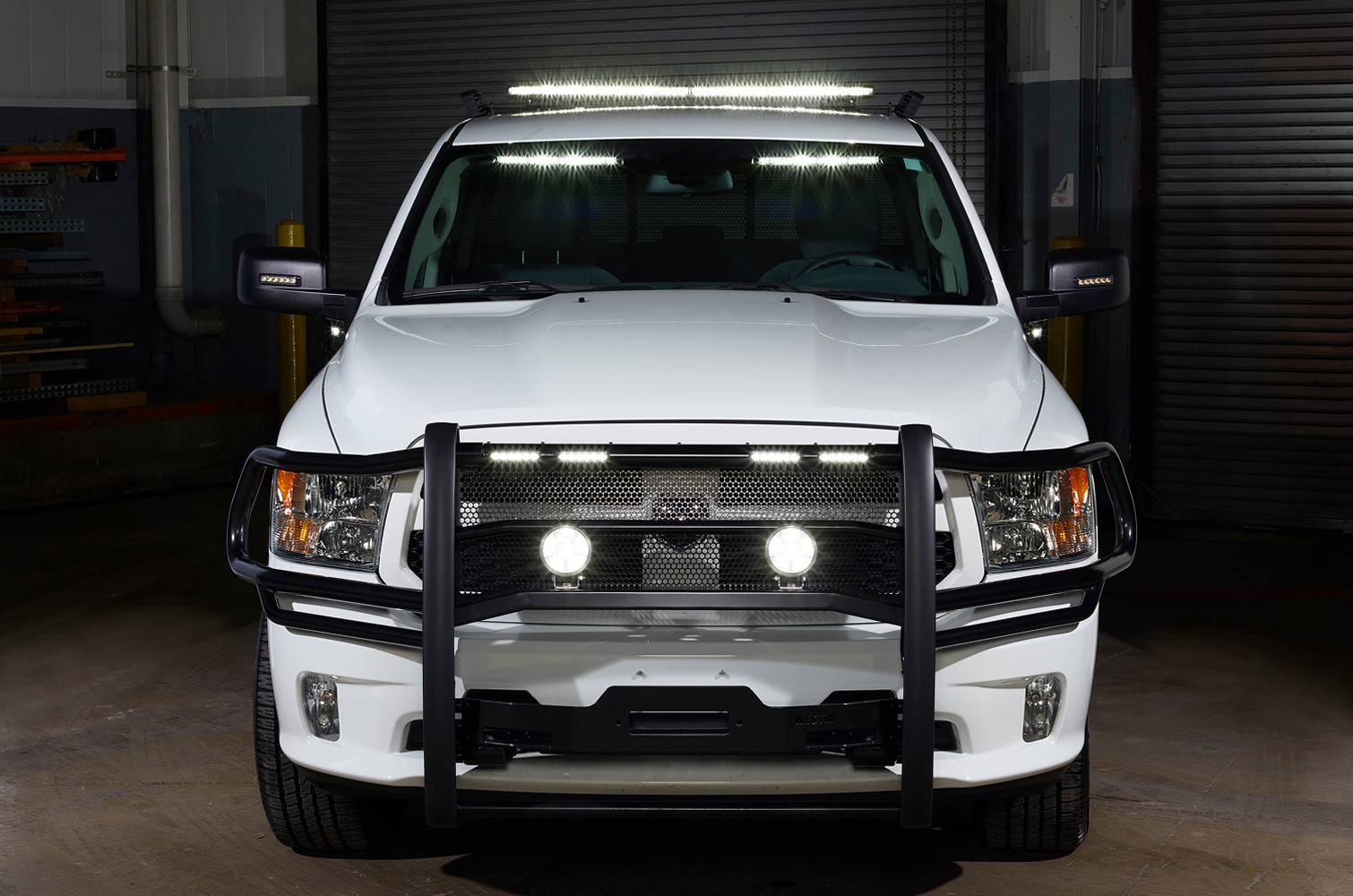 Front view of a truck with push bumpers